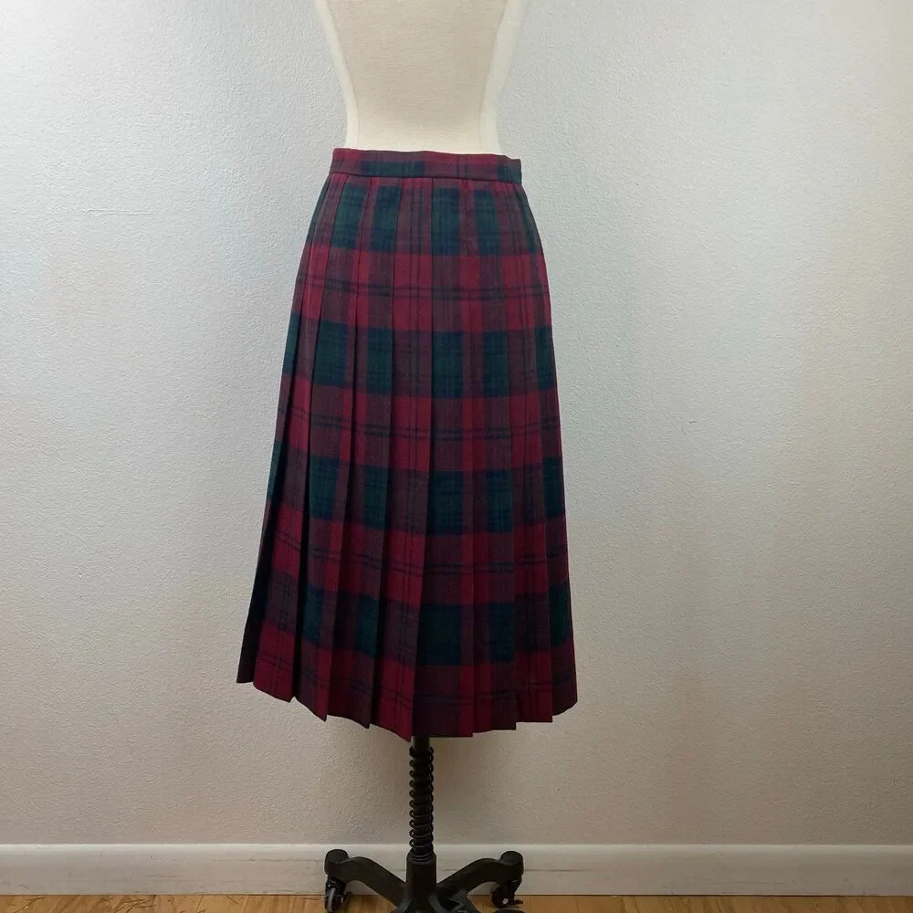 Vintage Copley Square Wool Pleated Wrap Skirt Fringe Side10 Red Green Plaid